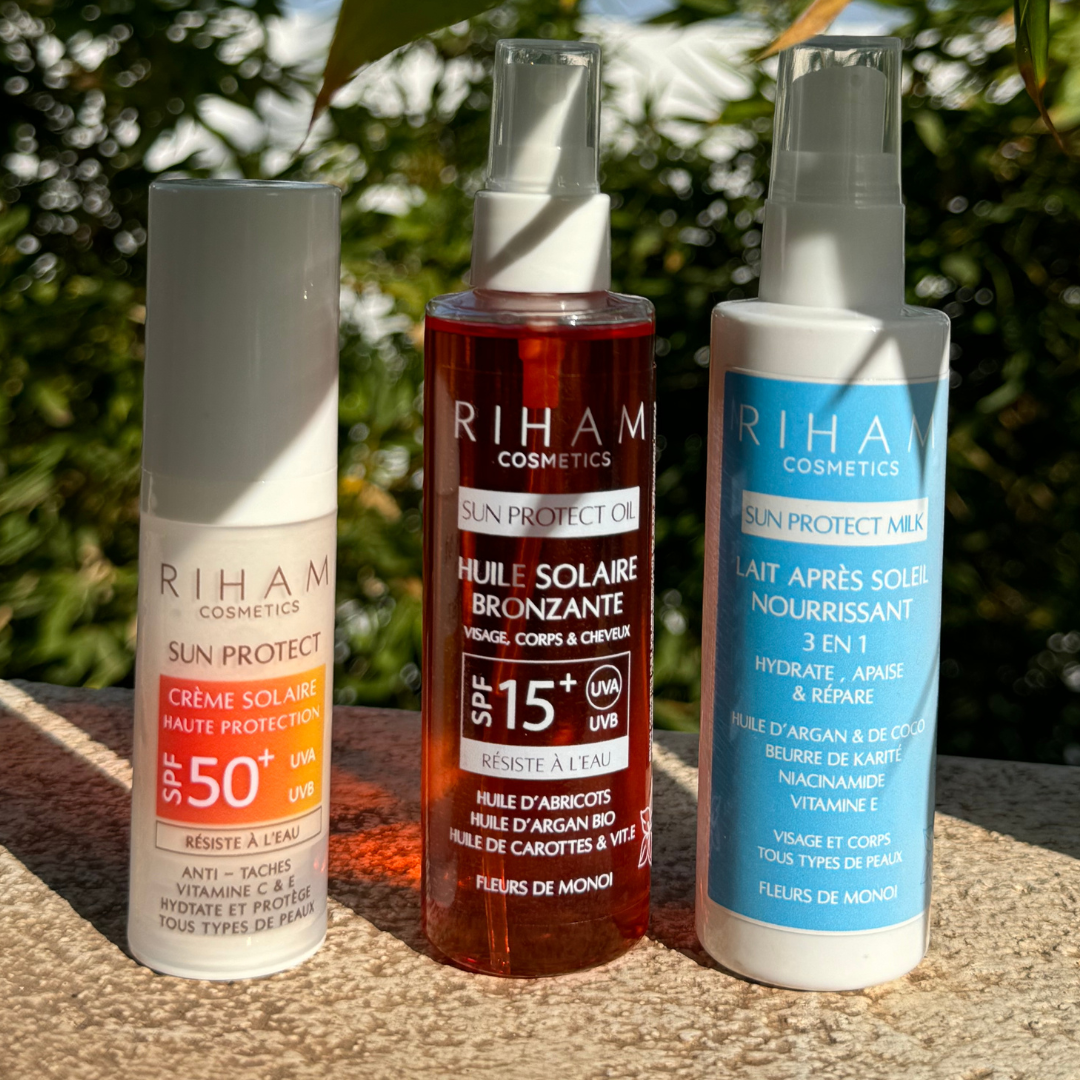 KIT 3 EN 1 SUN PROTECT- HUILE SOLAIRE BRONZANTE, CRÉME SOLAIRE 50SPF, LAIT APRÉS SOLEIL.