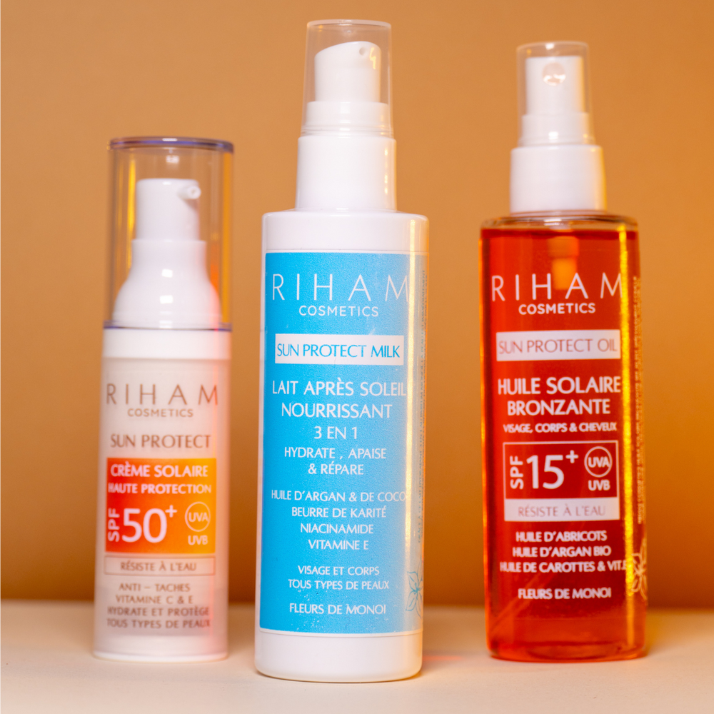 KIT 3 EN 1 SUN PROTECT- HUILE SOLAIRE BRONZANTE, CRÉME SOLAIRE 50SPF, LAIT APRÉS SOLEIL.